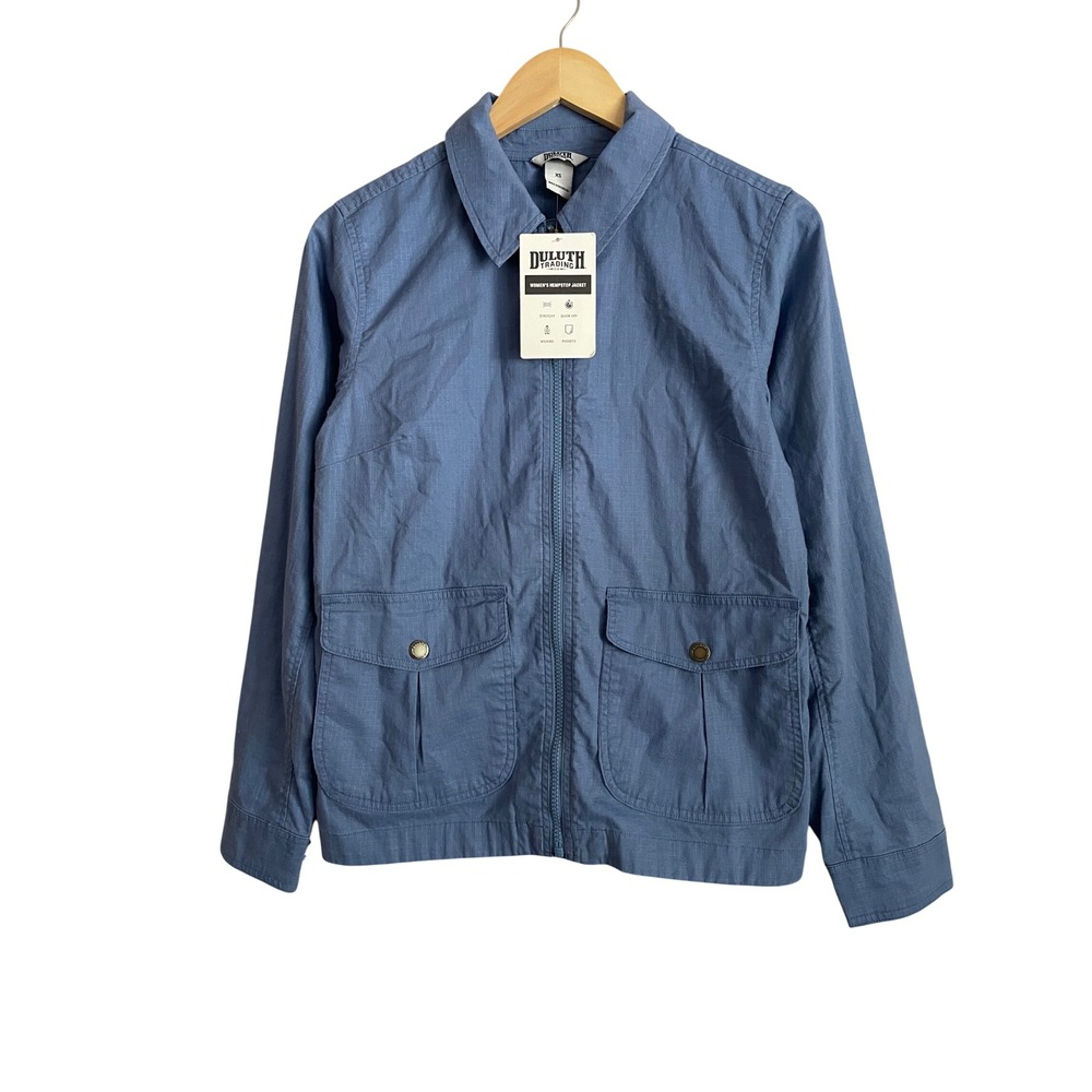 NWT Duluth Trading Hemp Jacket Blue Ripstop Full Zip XS Outdoors Hike Gorpcore